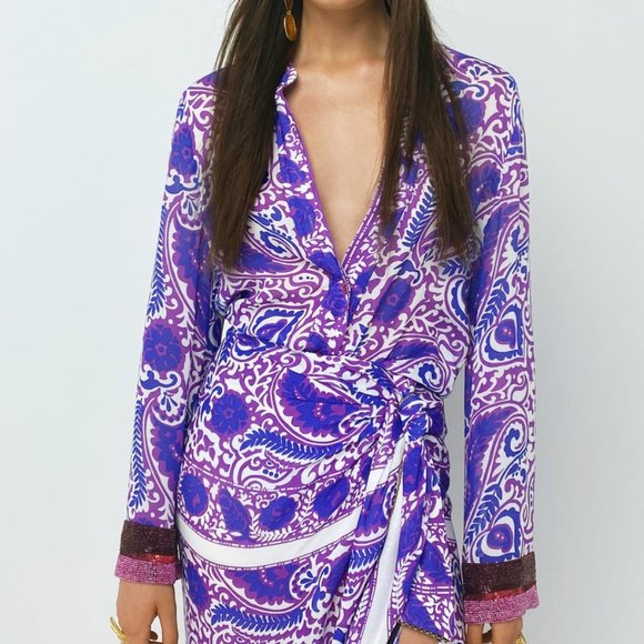 Zara Tops - NWT BEADED PRINTED PURPLE BLOUSE.